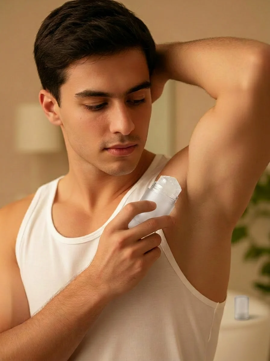 Applying a damp potassium alum mineral deodorant stick to the underarm