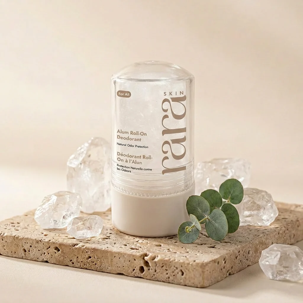 RaraSkin mineral deodorant stick beside raw potassium alum crystals