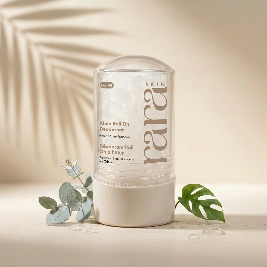 RaraSkin 60 g potassium alum mineral deodorant stick on natural travertine stones
